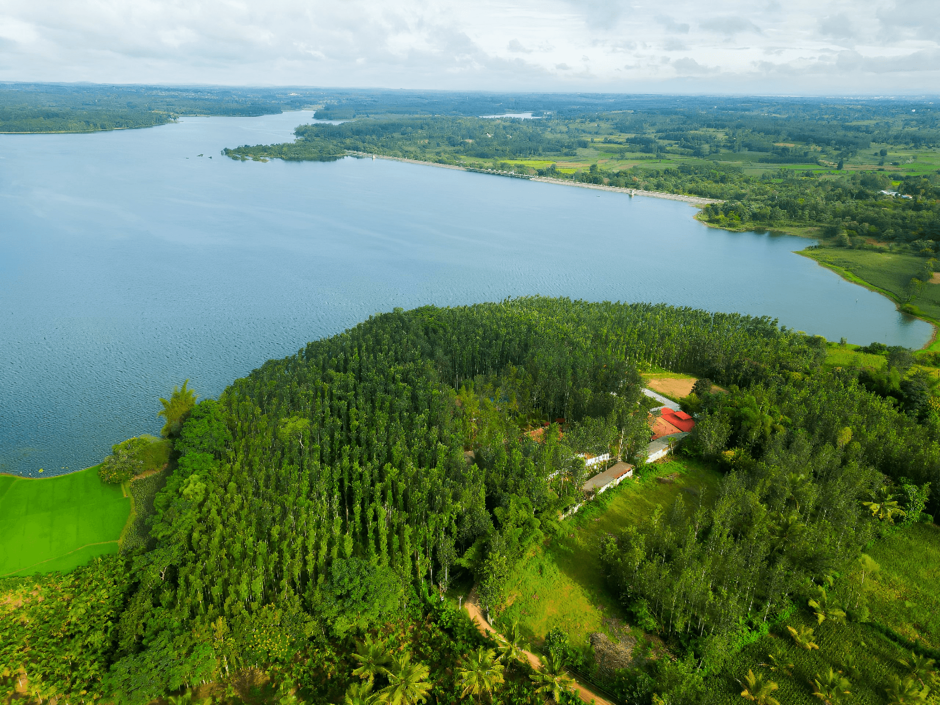Wide aerial view of lake, forest and Waterview Holiday Retreat